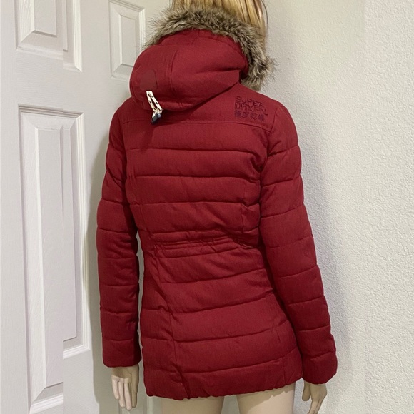 SUPERDRY Tall Marl Toggle Puffle Jacket Burgundy Puffer Hooded Coat Size 2 US - Picture 5 of 16
